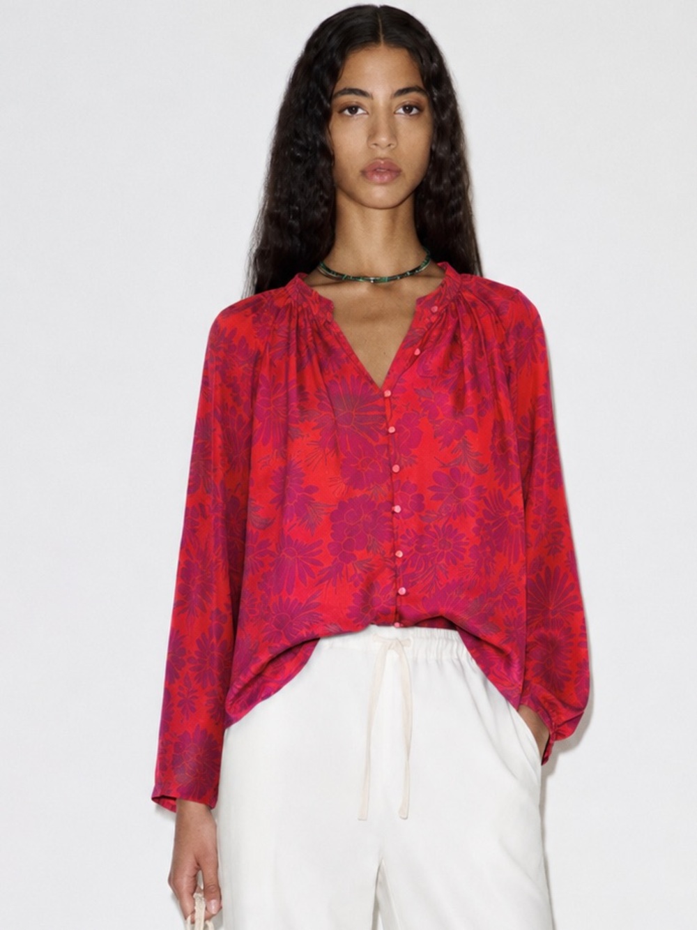 Women's Red Floral Button-Front Blouse